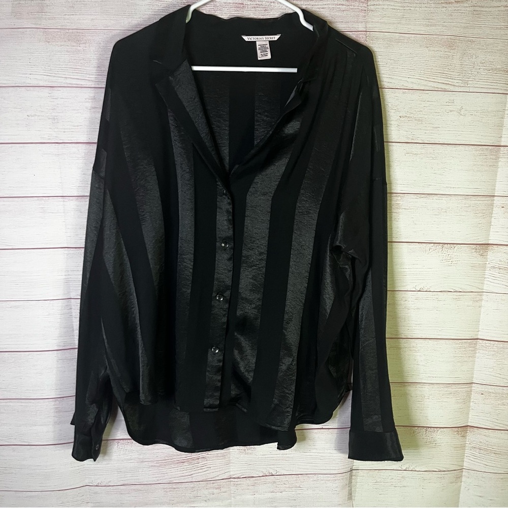 Victoria's Secret Black Collard Satin Silky Striped‎ Long Sleeve Pajama Top XL